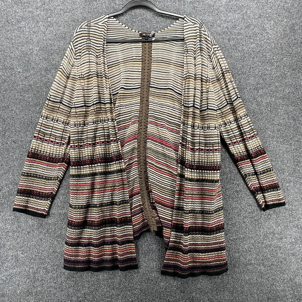 Nic + Zoe Cardigan Sweater Womens L Brown Linen Open Front Duster Boho Hippie